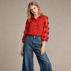 NWOT John Mark 3/4 3D Rosette Sleeve Button Front Blouse Shirt Button Down Sz XL